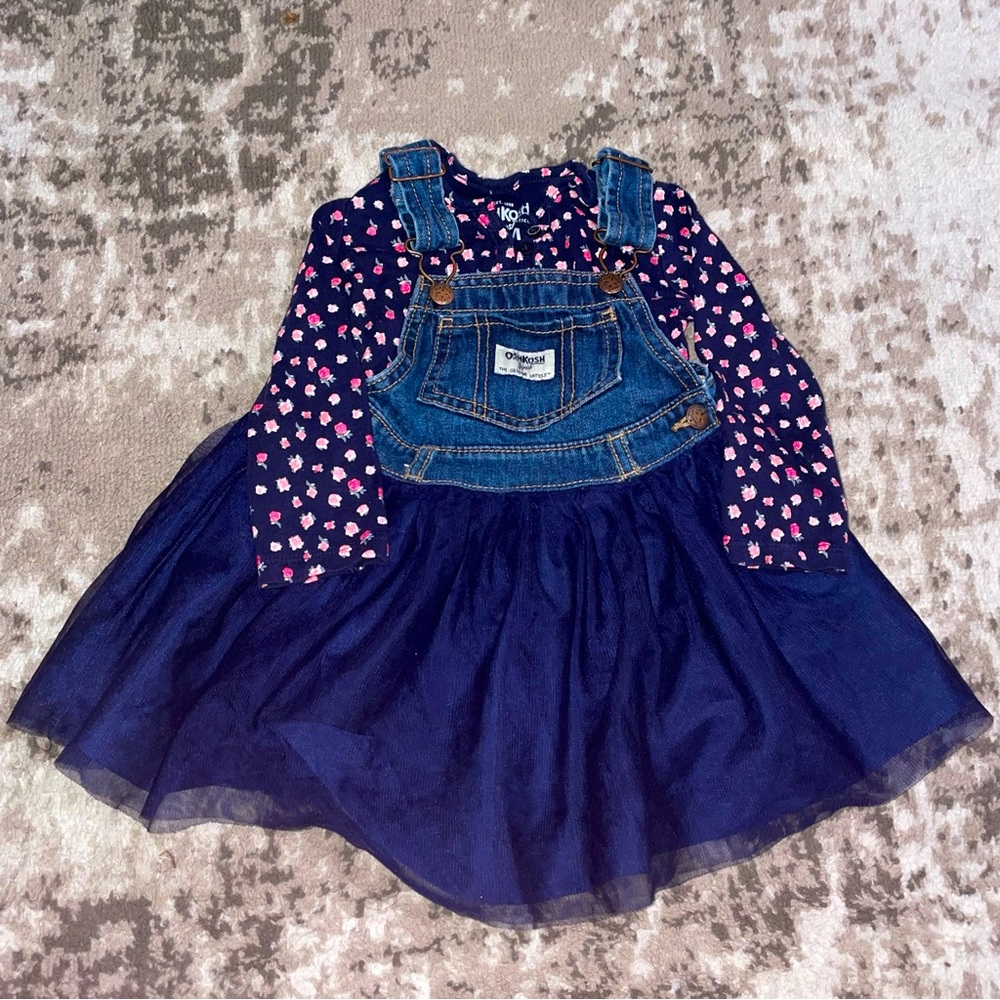 OSHKOSH BGOSH outfit two piece set overall denim tulle dress floral bodysuit 24M